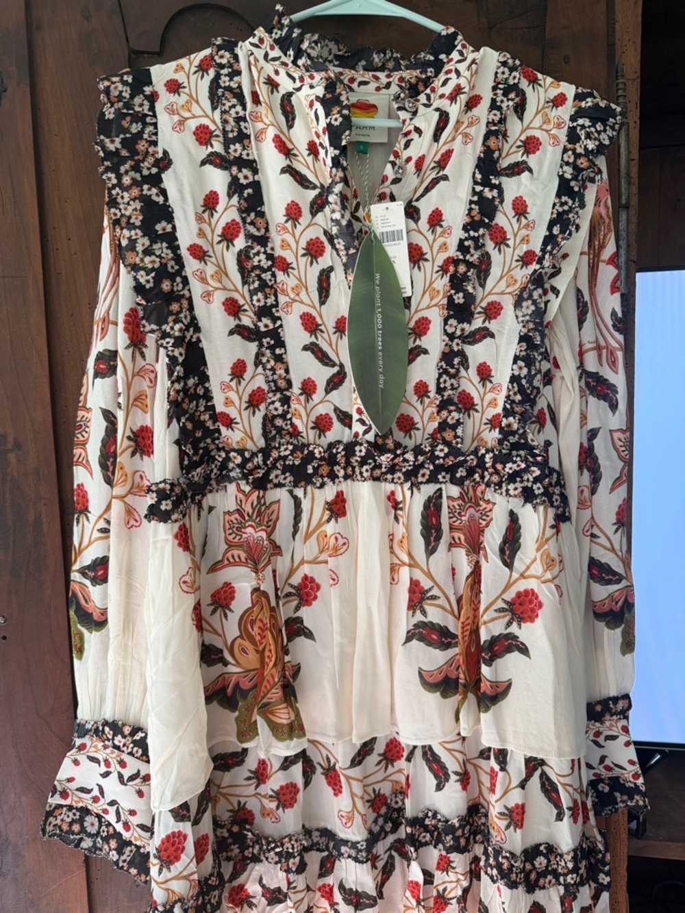 FARM Rio Cream Floral Long Sleeve Dress with Black and Red Accents - Picture 6 of 6